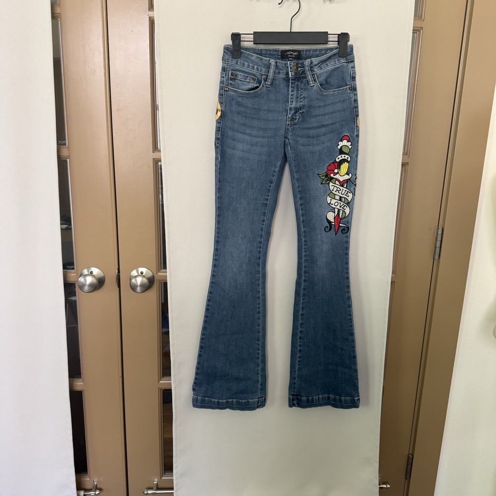 Ed Hardy Womens 24 Blue Embroidered True Love Low Rise Flare Jeans Y2K